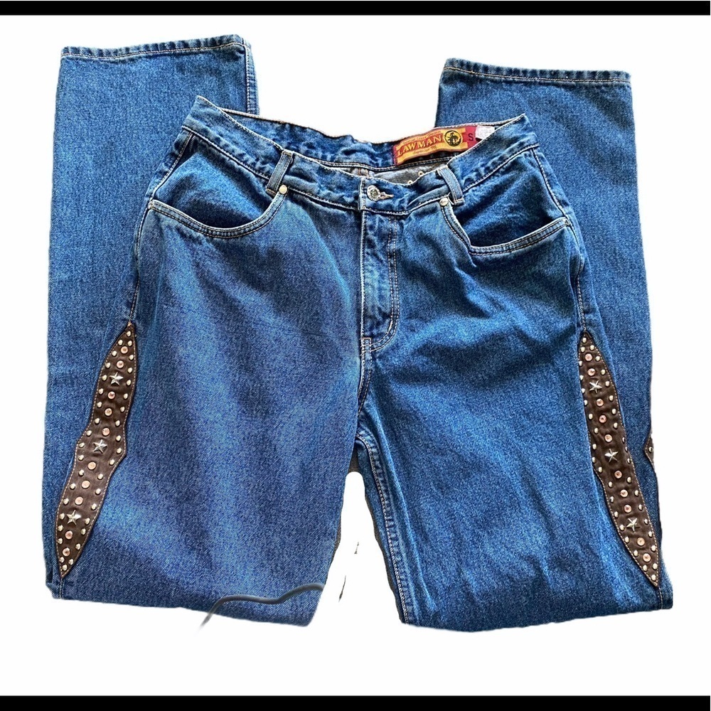 Vintage 80s Lawman Western Studded Jeans High Waist Suede Trim 30” Waist